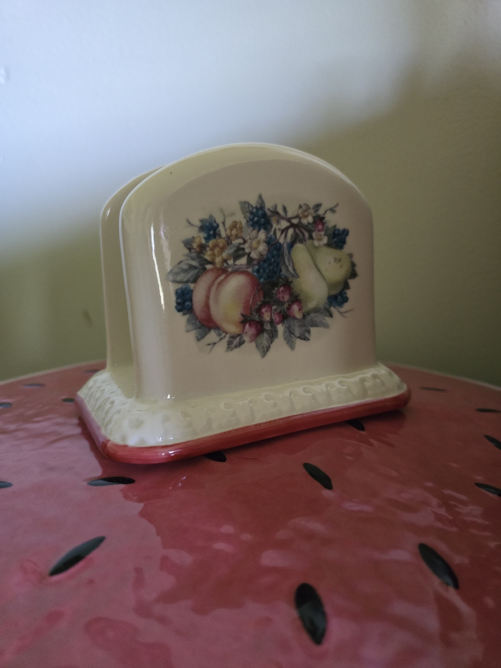 Ceramic Fruit Pattern Napkin Holder in Cream and Red